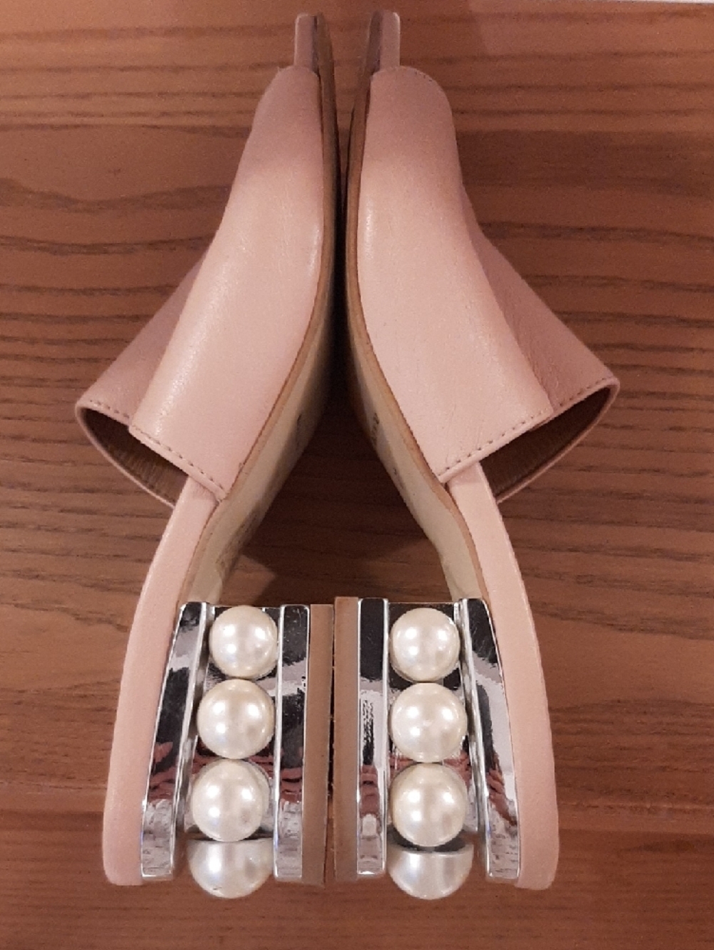 ATELIERS🇮🇹LEATHER Nude/Pink Hue PEARL-ACCENT HEEL Open-Toe Slide Mules sz 37